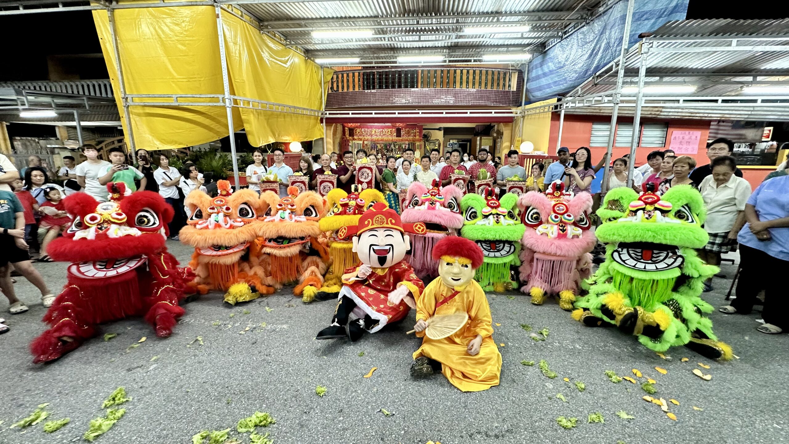 Full troupe with lions in several colours gathered outside a temple